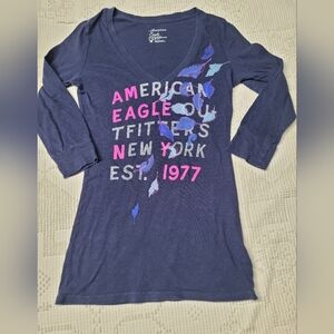 American Eagle Outfitters Graphic 3/4 Length Sleeve Tee, Size Small S, Navy Blue
